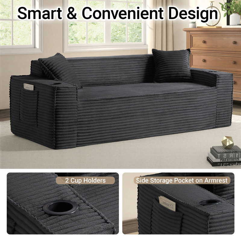 Boneless 80" Loveseat Sofa with Deep Seat – Spacious Corduroy Compression Cloud Couch for Bedroom, Dorm, Apartment, Dark Gray