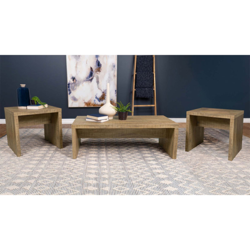 Ensemble de 3 tables basses et d'appoint rectangulaires Brianna Mango, style ferme moderne, avec un grand espace de rangement et une finition chaleureuse.