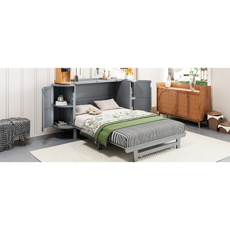 Lit double moderne gris avec rangement caché. Option de matelas pliable dans l'espace. Accent élégant. Compartiments latéraux intégrés. And Scratch- Build. Blanc ou au choix. L 76,4 po x l 108,3 po x H 42 po. Non