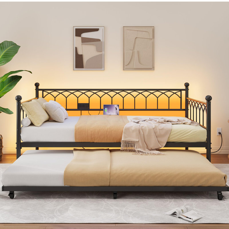 Twin Daybed With Trundle, Day Bed With Charging Station & LED Lights, Black
