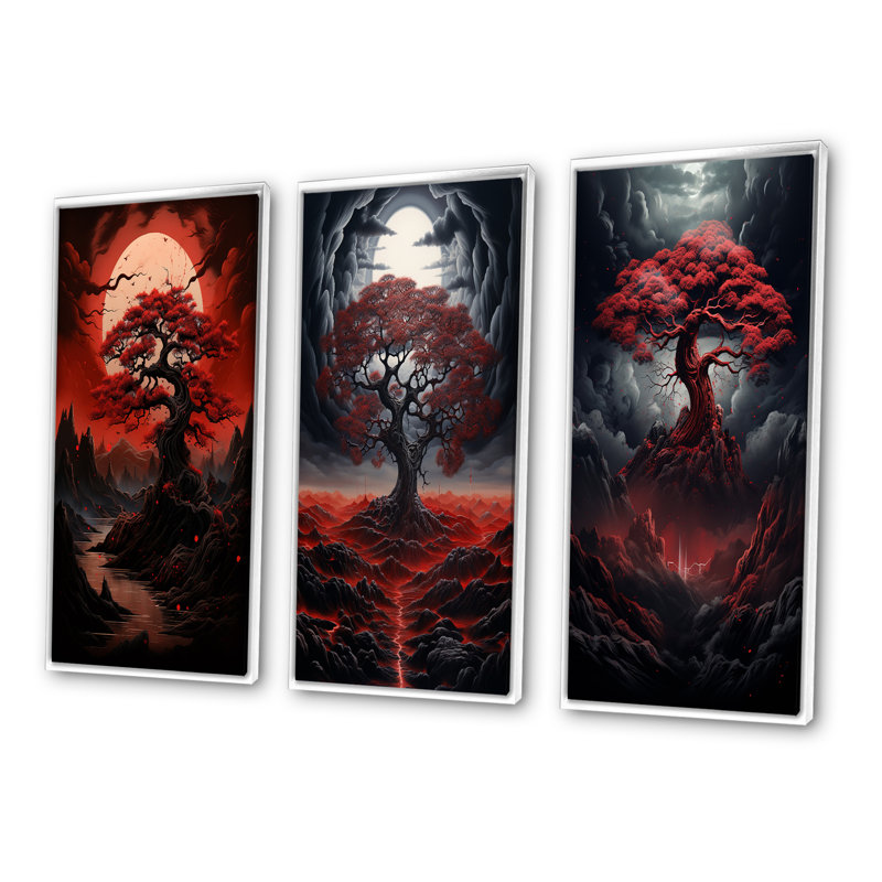 Ensemble de 3 pièces occultant arbre rouge pleine lune, Cadre flottant blanc, H 28 po x l 36 po