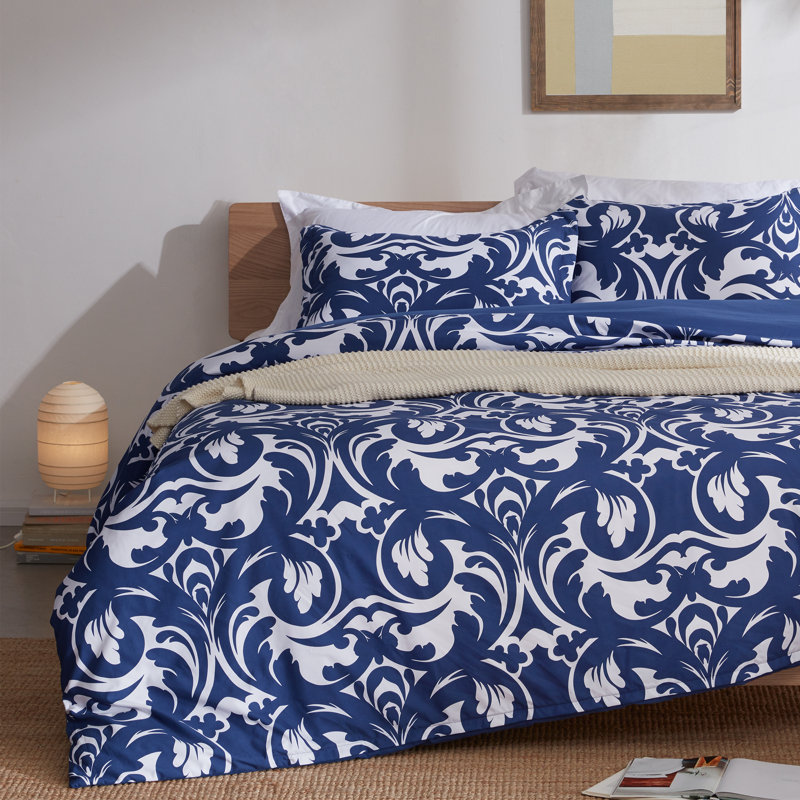 Twill Floral Duvet Cover, King Duvet Cover + 2 Shams, Baroque Floral Blue