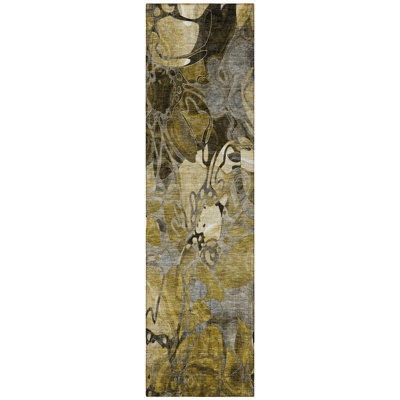 8' Runner Green and Brown Floral Washable Non Skid Indoor Outdoor Runner Rug