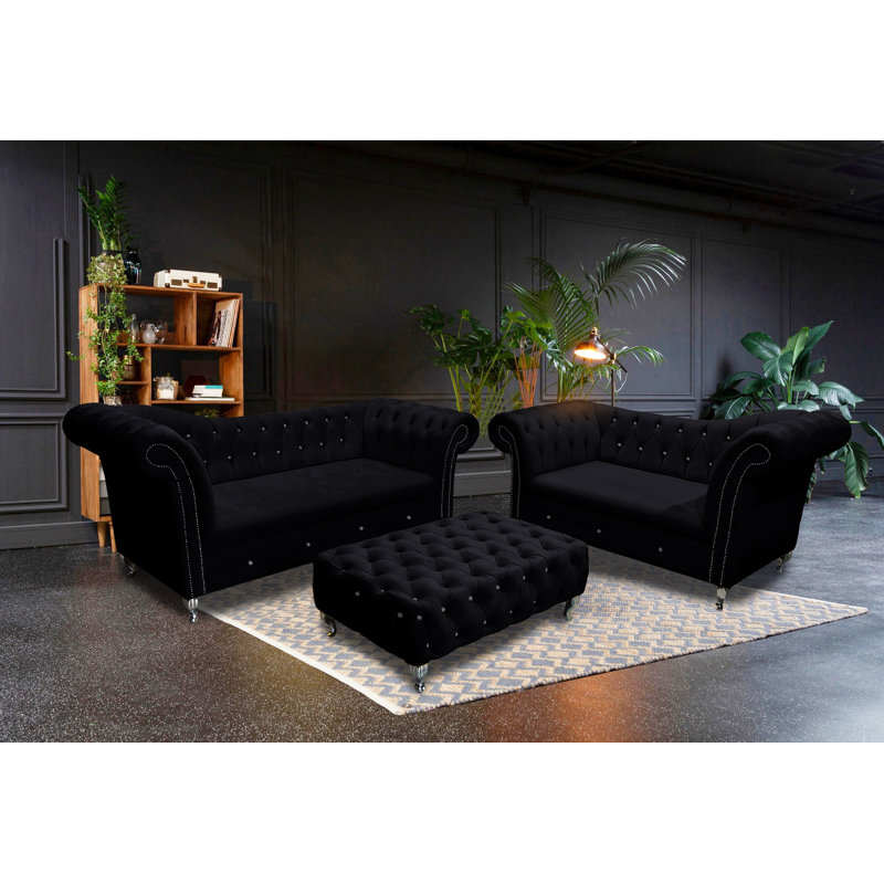 Painter Velvet Living Room Set, Black