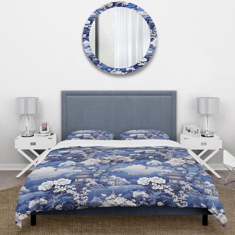 Cobalt Chinoiserie Garden Victorian Pattern I Bedding, Housse de couette pour grand lit et 2 taies décor
