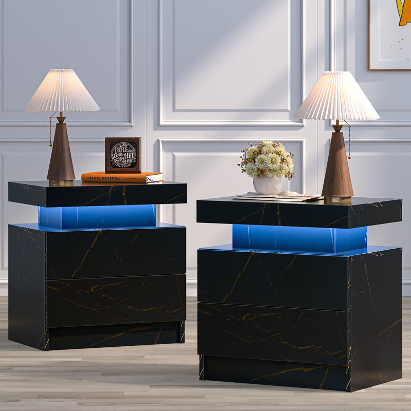 20'' W Particle Board / Chipboard Nightstand, Black Marble, Set of 2