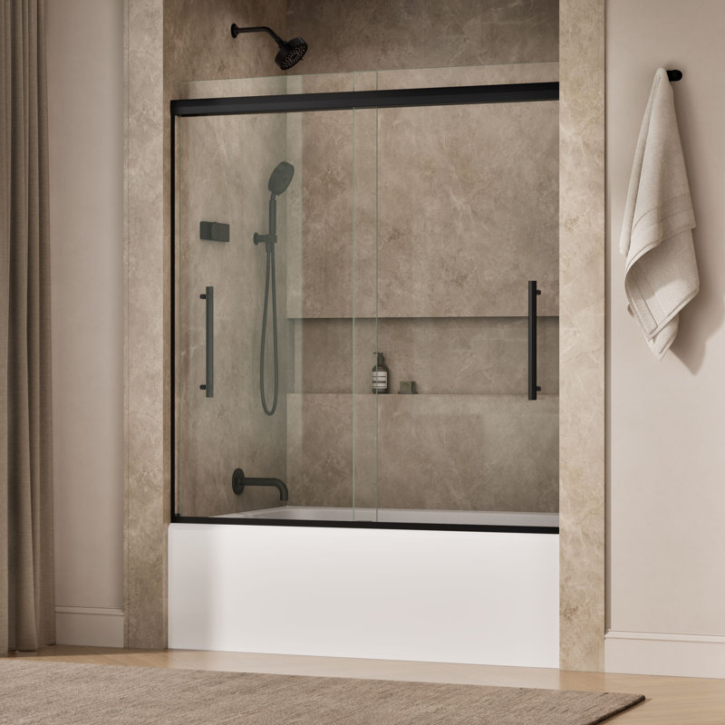 Pleat® 63-9/16"H Frameless Sliding Bath Door with 5/16"-Thick Crystal Clear Tempered Glass, Black
