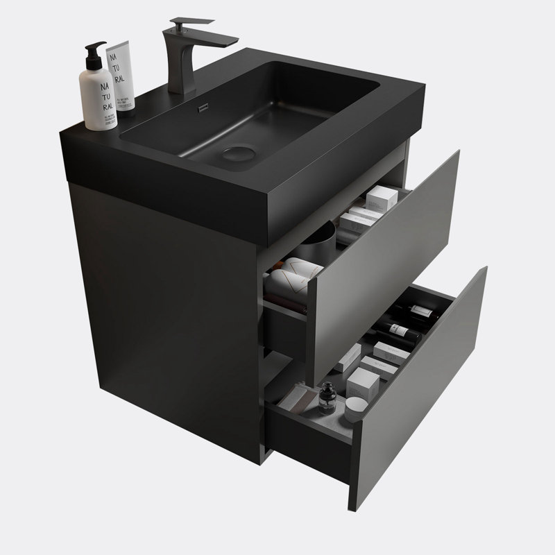 Meuble-lavabo de salle de bain avec lavabo, grand meuble-lavabo flottant mural, Noir, Gris