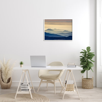 " Layered Foggy Mountain Range Warm Sunlit Rays "