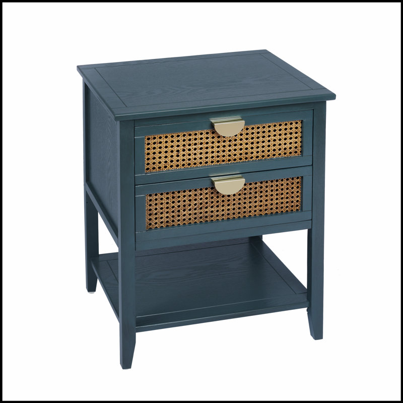 Table d'appoint à 2 tiroirs en rotin naturel avec poignées semi-circulaires, idéale pour la chambre à coucher, le salon et le bureau.
