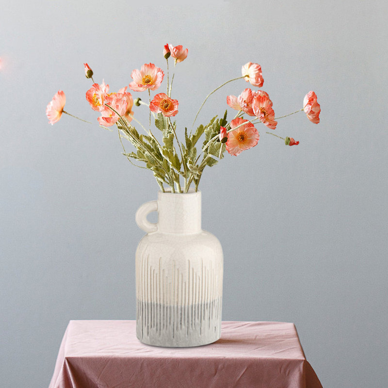 Ceramic Farmhouse Vase, Decorative Boho Flower Vase For Home Decor, White