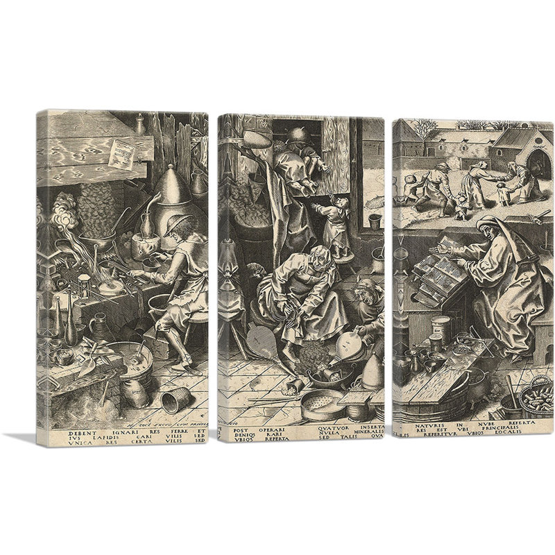 «The Alchemist» par Peter Bruegel l'Ancien, ensemble de 3 reproductions d'art sur toiles tendues