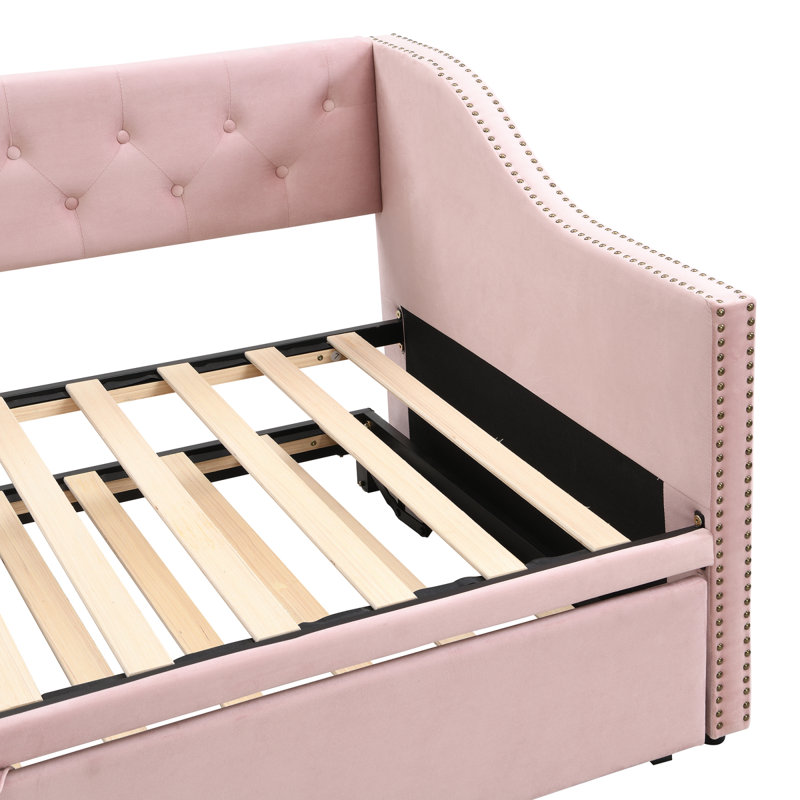 Lit de jour simple tapissier avec couchette escamotable, rose, Rose