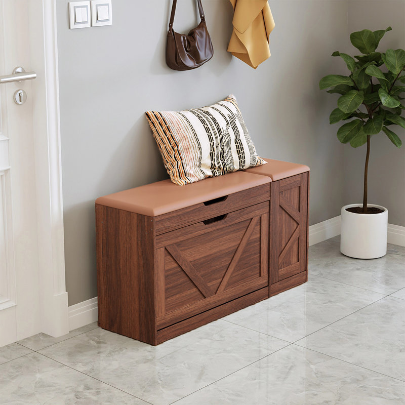 2-Tier Adjustable Shoe Cabinet,Upholstered Shoe Storage Bench With Cabinet, Dark brown