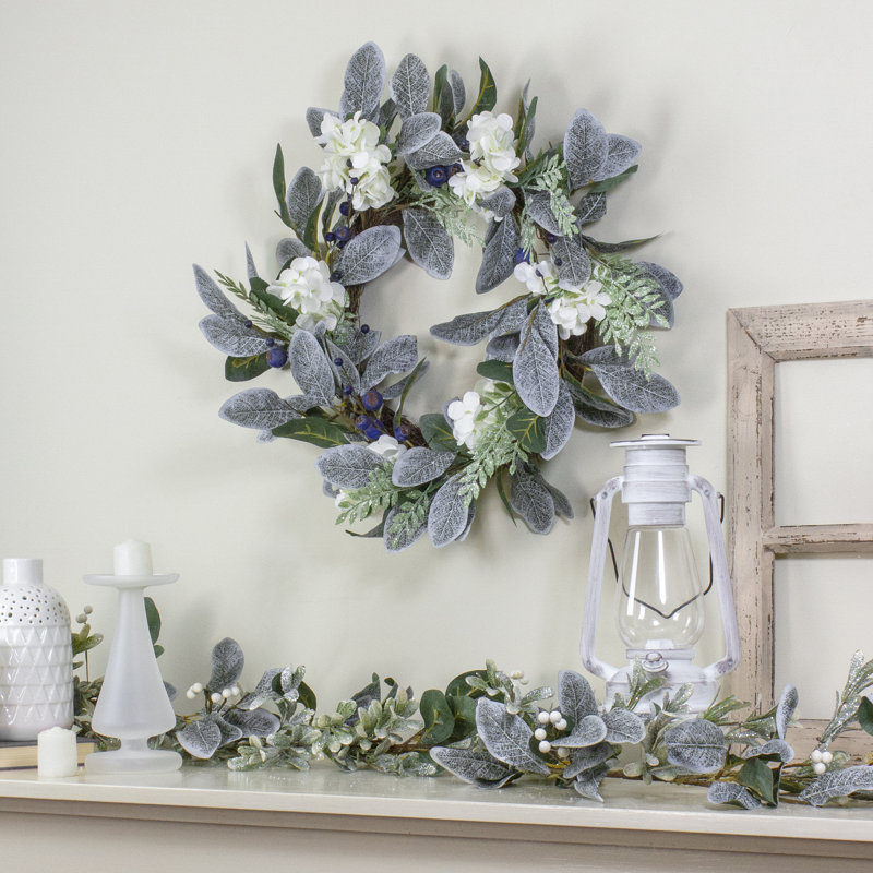 Iced Hydrangeas Blueberries and Foliage Artificial Christmas Wreath - 26 Inch Unlit