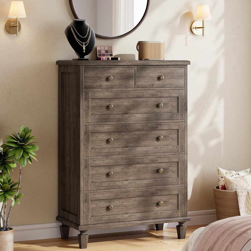 Commode 6 tiroirs Vintage pour chambre à coucher, commode haute en bois avec pieds fuselés, commodes et commodes, Gris