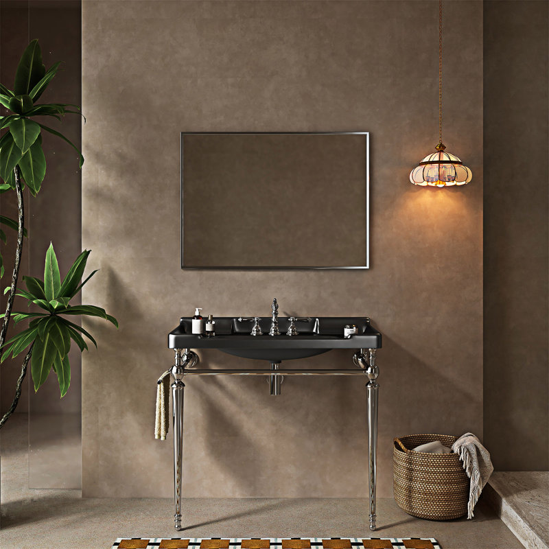 Lavabo de console de salle de bain, lavabo mural en céramique noire avec trous de robinet pré-percés, Chrome chrome, 36"