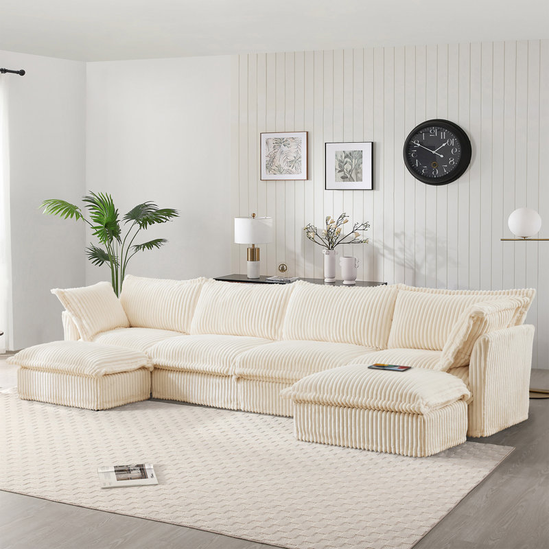 Evelyn U-Shaped Sectional Sofa with 2 Ottomans, Cream Corduroy, 34.6" H x 146.4" W x 55" D
