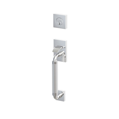 Ensemble de porte sectionnelle Emtek SELECT, vérin simple tubulaire, colonne extérieure en forme de R, poignée moletée, levier intérieur Hermes, côté droit, chrome poli