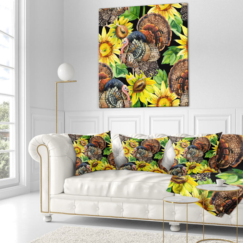 Oiseau de dinde avec tournesols - coussin à imprimé floral, 16 po x 1 po, Coussin décoratif