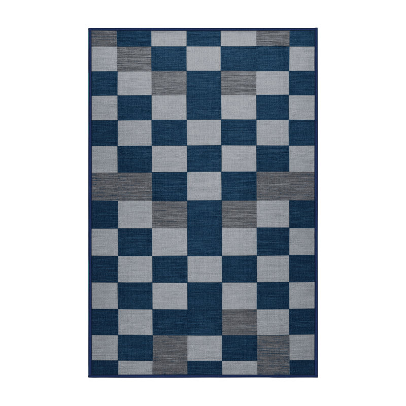Machine Washable Checkered Blue Area Rug