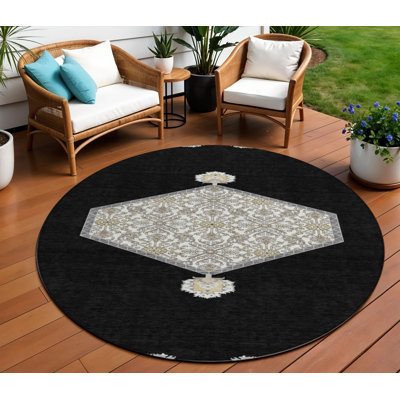 8' Black Gray And Ivory Round Oriental Washable Indoor Outdoor Area Rug
