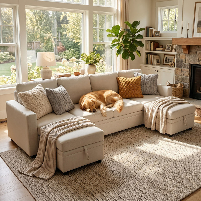 Divan-lit modulaire en forme de U de 102 po de large avec blanc cassé et méridienne avec rangement, canapé-lit 5 places convertible en lin