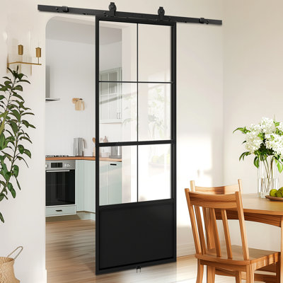 Clear Glass Black Steel Frame Interior Barn Door With Sliding Hardware Kit