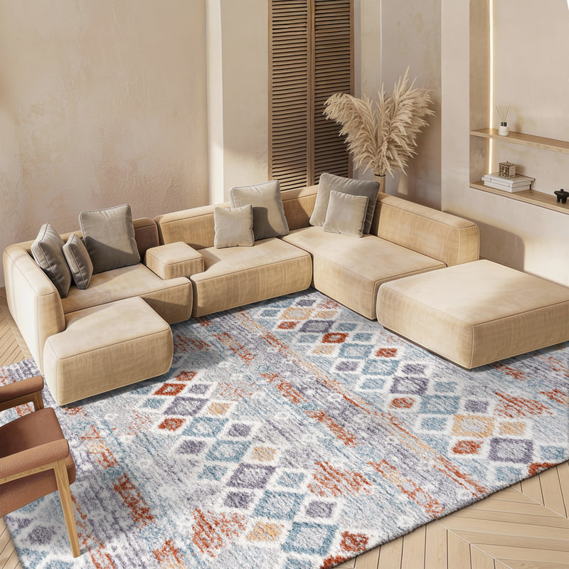 Evangelyn Geometric Blue Rust/Ivory Area Rug, Rectangle 8' x 10'