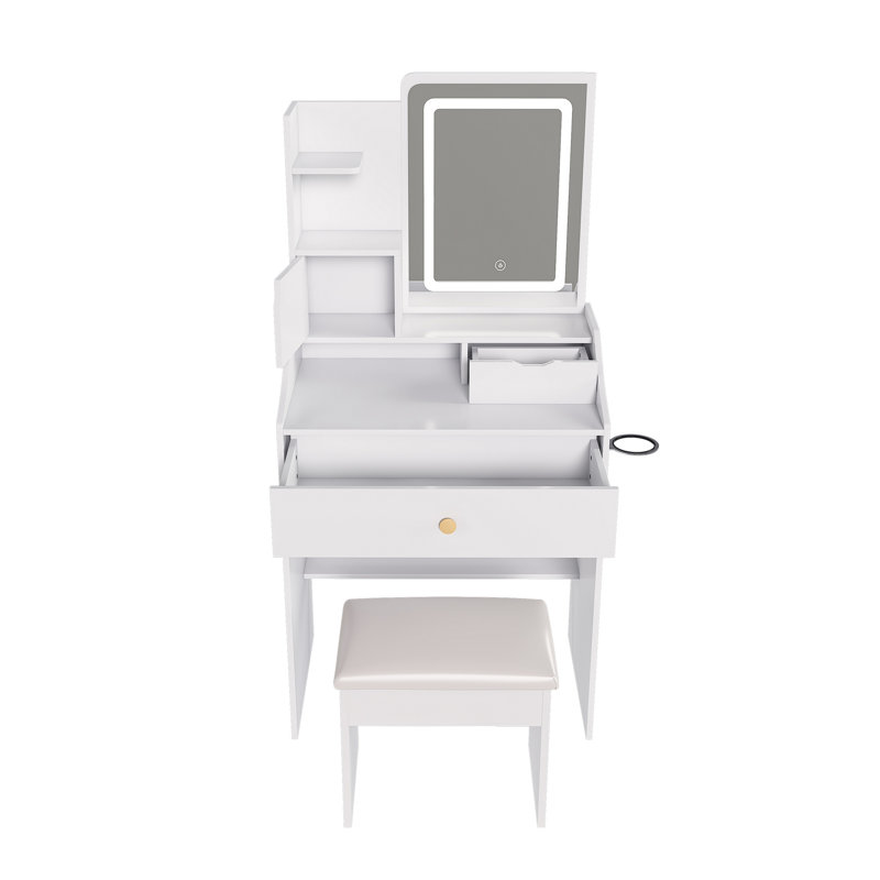 3-Color LED Vanity Mirror with Stool, White