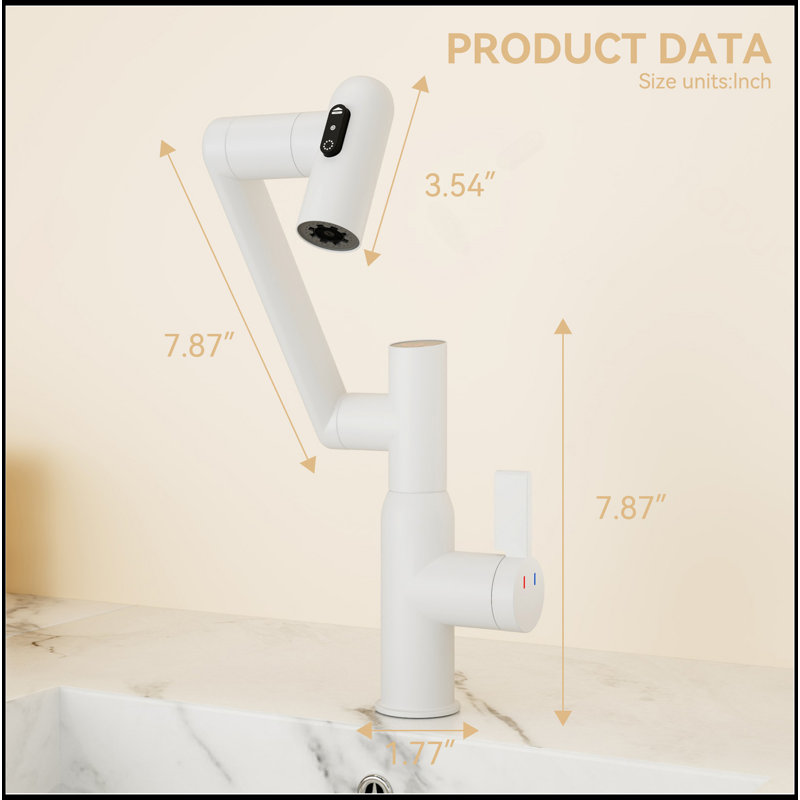 Robinet de lavabo de salle de bain blanc avec fonction de jet et affichage de la température pour interrupteur antidérapant et chaud / froid et rotatif à 360 °