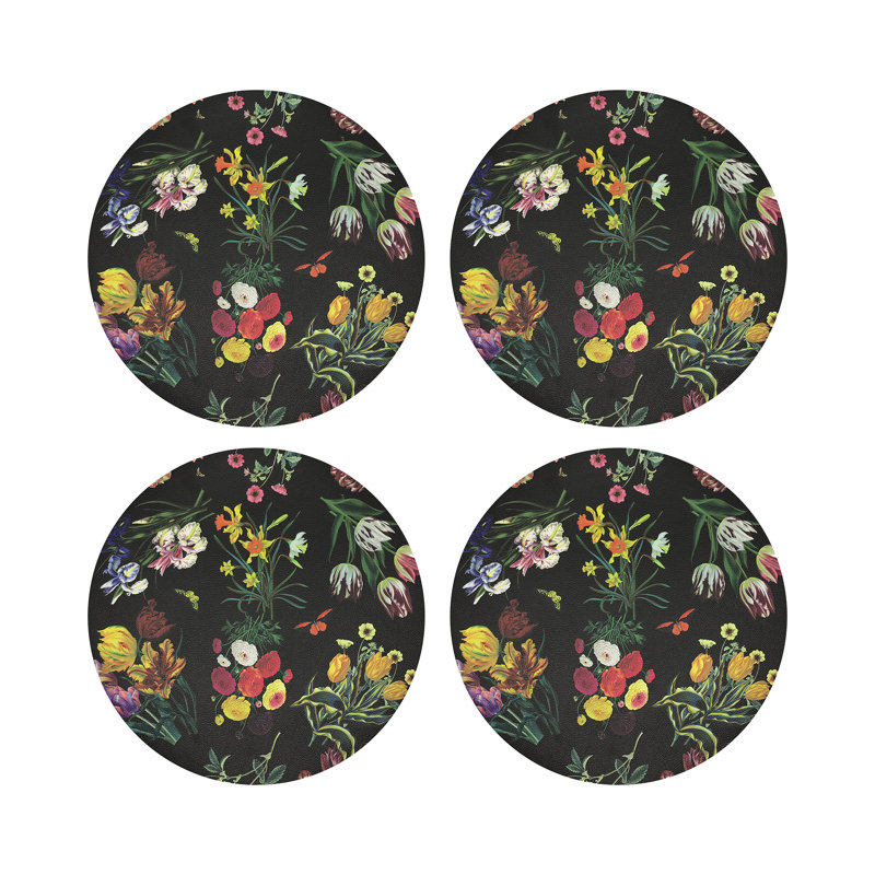 Flora Fauna Black Vegan Leather Round Coasters, Black