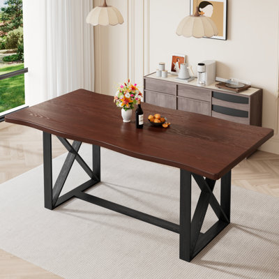 70.9" Solid Wood Farmhouse Dining Table for 4-6 People, Rectangular Kitchen Table with Faux Live Edge, Waterproof Matte Painted Dinner Table X-Stretch