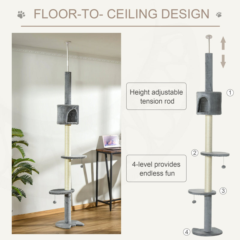Arbre à chat à hauteur réglable de 85,5 pouces à 4 niveaux avec poteaux à griffes, jouets suspendus et plateformes de repos confortables pour félins actifs.