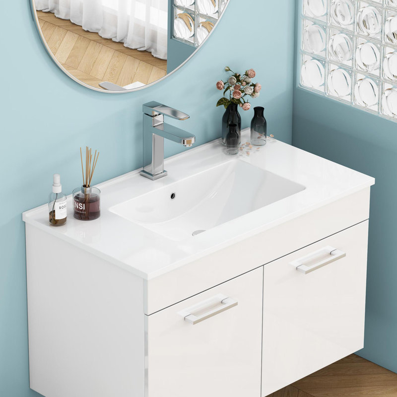 Lavabo de salle de bain 24 po en céramique blanche pour meuble-lavabo de 32 po, trou de robinet pré-percé, conception peu encombrante | Idée de cadeau