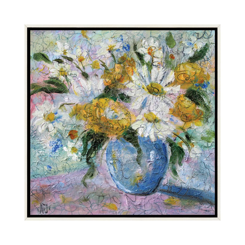 Bouquet de champ marguerites - reproduction d'art murale - toile encadrée, Blanc patiné