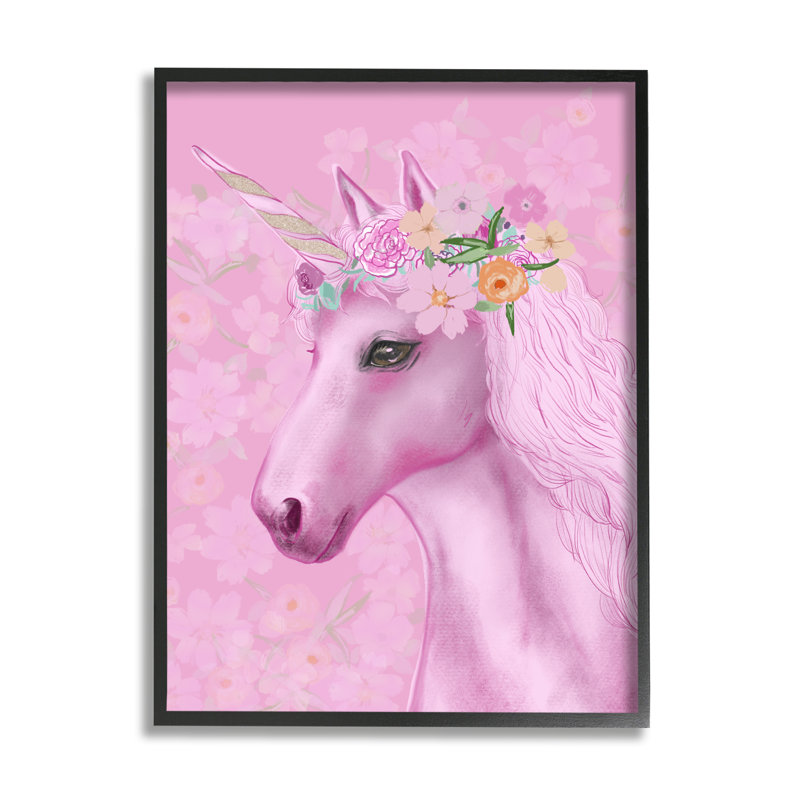 Motif floral licorne rose, adorable créature mythique, art numérique sur estampe numérique par Junco. Studio