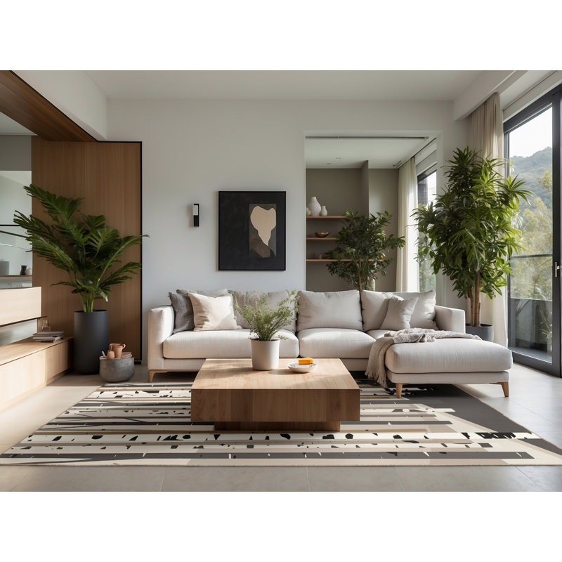 Tapis moelleux doux à rayures scandinaves délicates beige, Carré 4 pi