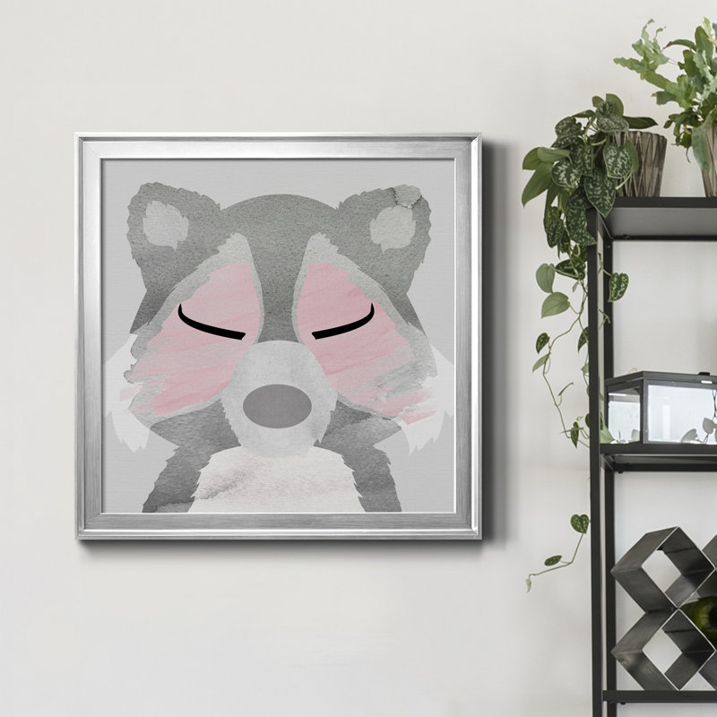 Raton laveur - peinture sur toile encadrée, Encadrement argenté, H 30,5 po x l 30,5 po x P 1,5 po