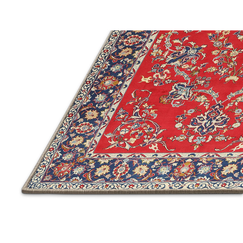 Tapis oriental en laine / polyester beige / gris / rouge tissé à la machine, Rectangle 4 pi x 6 pi