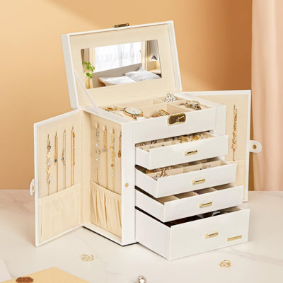 Coffret à bijoux à 5 niveaux, organisateur de rangement, vitrine en similicuir blanc avec doublure en velours et portes latérales, grand format, présentoir pour colliers, montres et bagues, idéal pour coiffeuse, commode et dressing.