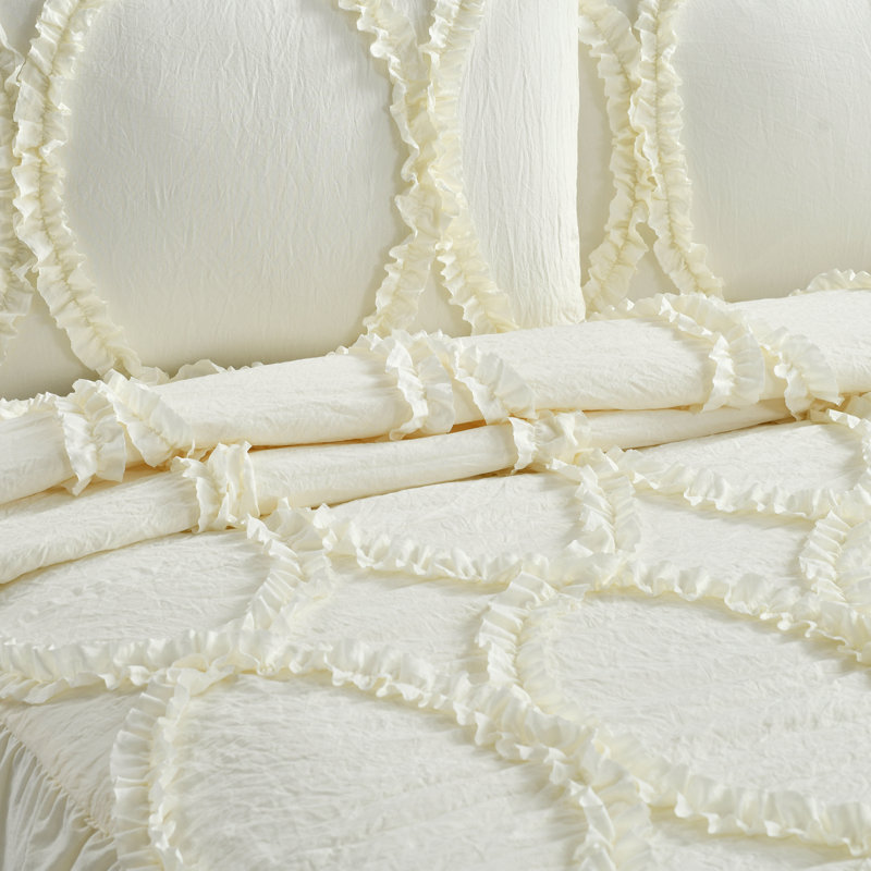 Elegant Neutral King Bedspread Set with Ruffled Ribbon Embroidery