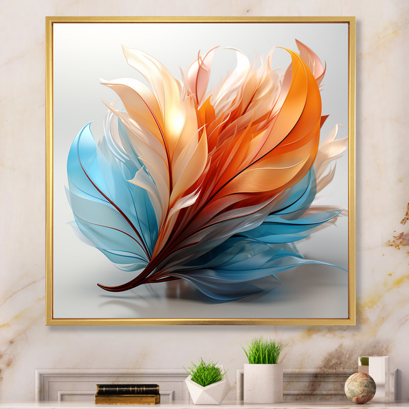 Fractal, plume d'ambre orange et turquoise I - art mural de plumes pour le salon, Reproduction avec cadre flottant, Doré