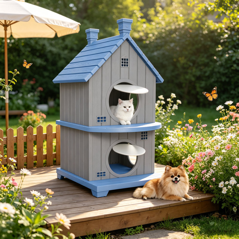 Niche extérieure à deux niveaux en résine résistante aux intempéries, abri surélevé à deux étages pour chats errants avec 4 entrées rondes et plateforme de repos, maison d'intérieur/extérieur pour chats, petits chiens et lapins