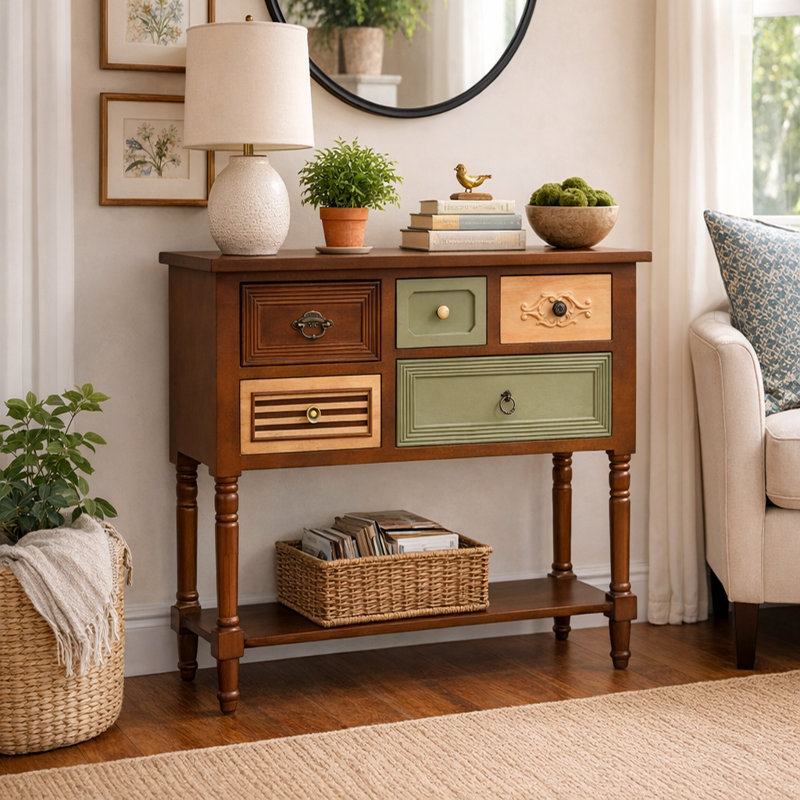 Fienley Vintage 5-Drawers Brown Console Table With Artistic Mixed-Color,Open Storage Shelf