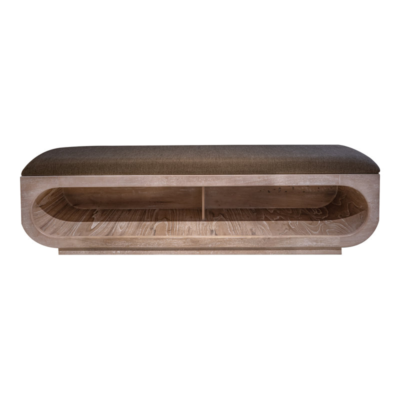 White Balam Wooden Bench With A Cushioned Seat And Open Storage Underneath.