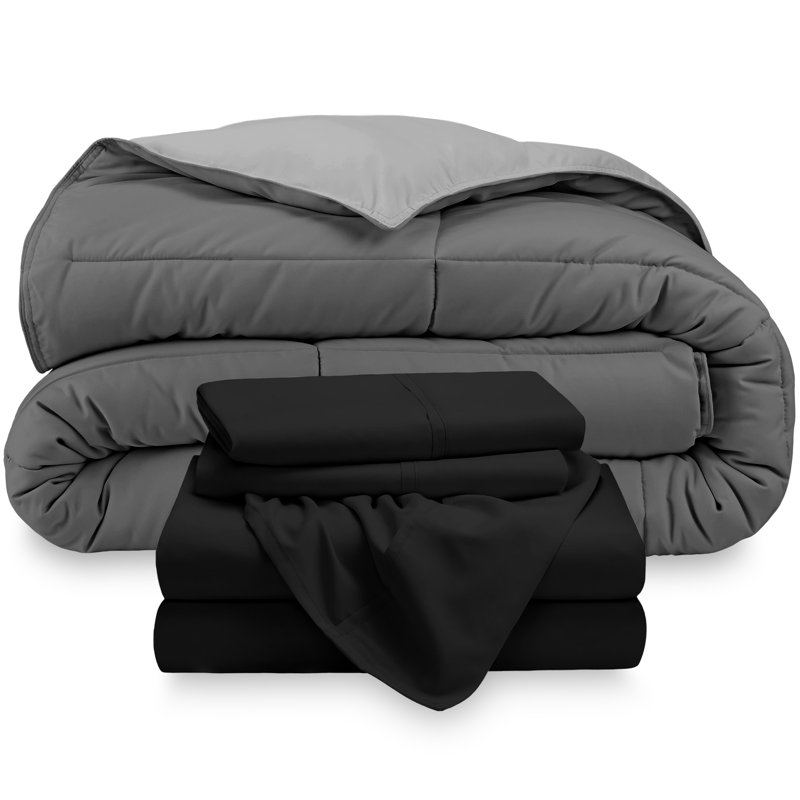 Microfiber Reversible Bed-In-A-Bag, Queen Comforter + 2 Pillowcases, Black/Grey, Grey