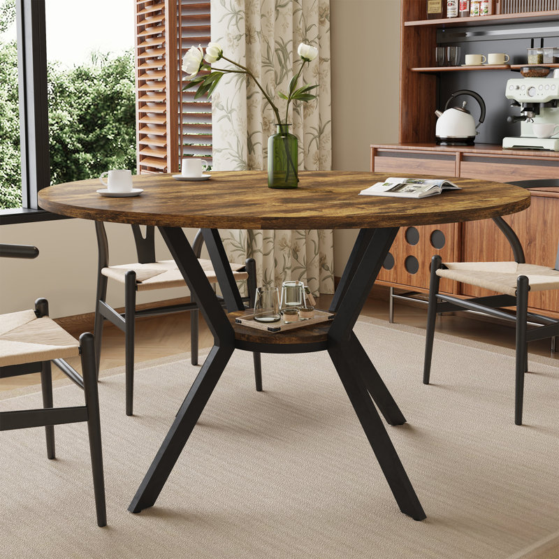 42 Inch Round Dining Table With Storage Shelf, Sunset-Colored Wood, 29.92'' H x 42.13'' W x 42.13'' D
