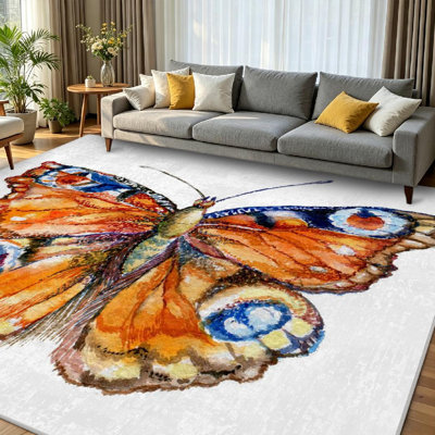 Clear Machine Washable,A Colorful Butterfly with Vibrant Indoor Area Rug