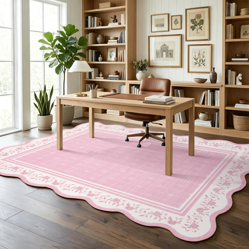 Tapis festonné lavable, tapis de salon, revêtement de sol, tapis d'appoint moderne à bordure, Rose, 9*12